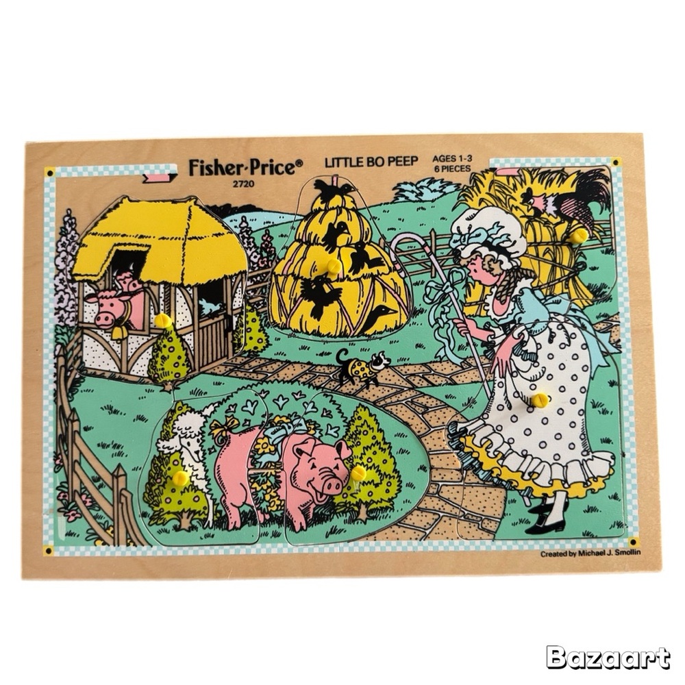 Vintage 1984 Fisher~Price 6~Piece Wooden Puzzle #2720 LITTLE BO PEEP With Box